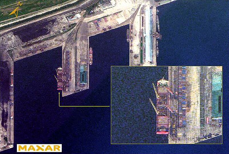 South Korea's National Intelligence Service says this undated image released Oct. 18, 2024, shows the Russian vessel Angara, loaded with North Korean weapons, departing from Rajin Port in the North Korean city of Rason.