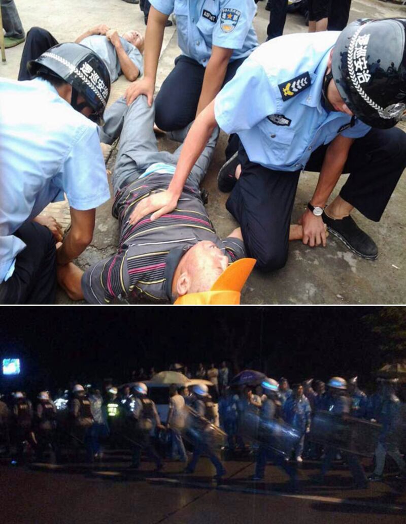 上圖:9月4日,垂楊教堂教徒數度與警察發生衝突,有教徒被打傷或抓捕。下圖:9月3日,上周教堂2度遭到數百人的強拆隊伍強攻。(教徒拍攝)