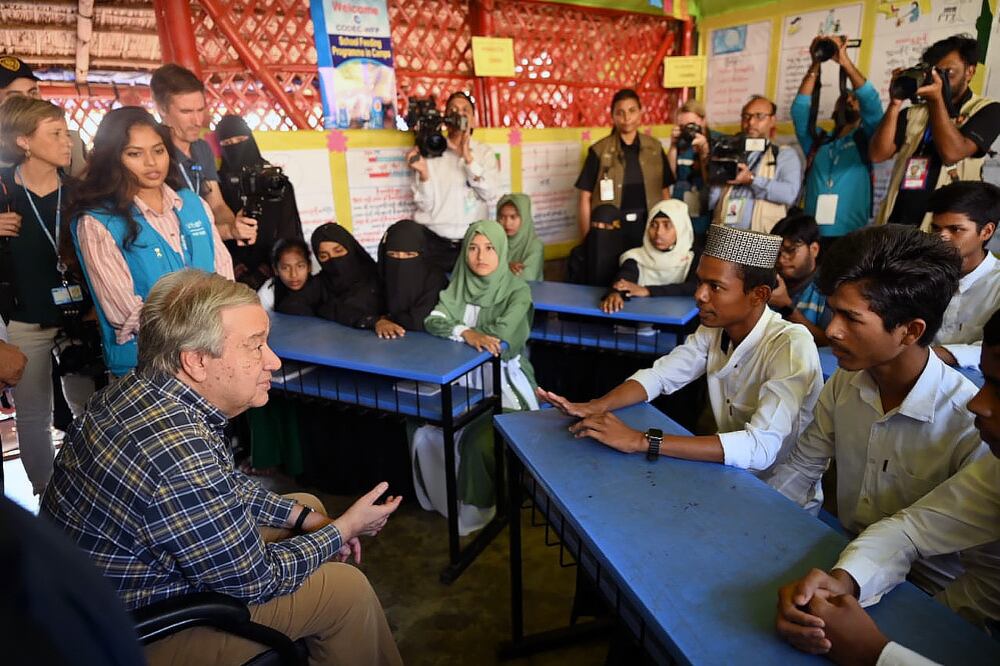 U.N. Secretary-General António Guterres meets with Rohingya students and community leaders during his visit to a refugee camp in Cox’s Bazar, March 14, 2025.