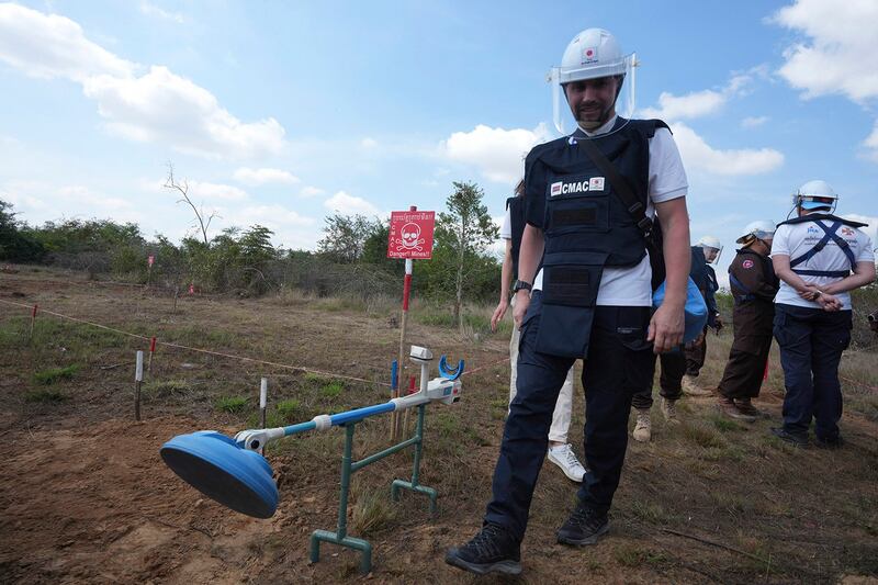 Ukrainian deminers attend a training session organized by Cambodia Mine Action Center in Preytotoeung village, Battambang province, Cambodia, Jan 19, 2023. (Heng Sinith/AP)