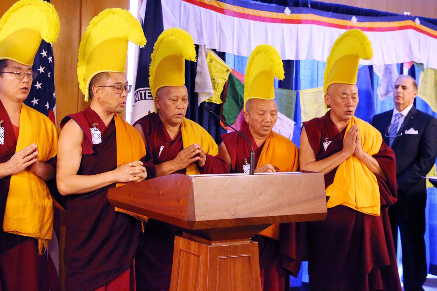Six Masters from Gyuto Tantric Monastery performing prayer at the U.S. State Department’s Losar celebration, March 4, 2025.
