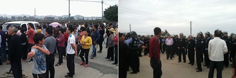 4月26日,烏坎村民圍堵村委會後,走上街堵國道抗議,要求政府協助追討受損農場的損失,堵路期間附近道路十分擠塞。當局派來兩百武警在場戒備,雙方一度對峙。(村民張先生提供)