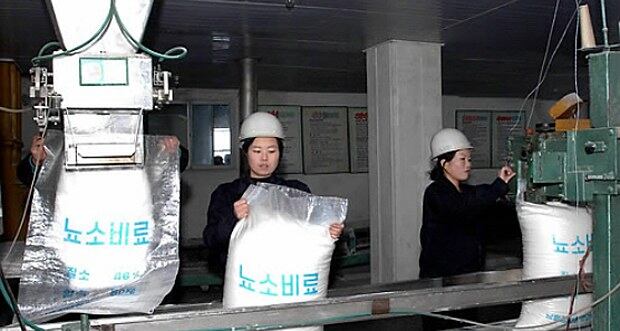 남흥청년화학련합기업소에서 비료생산을 하고 있는 북한 노동자들.