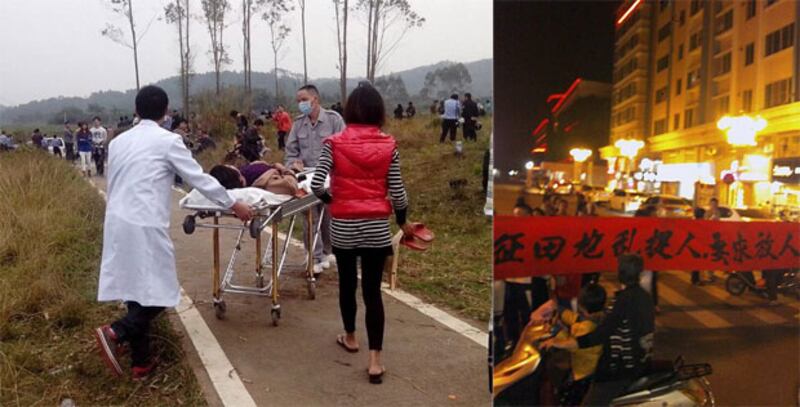 11月22日,廣東省恩平市茶坑管區政府派五百強拆人員,進村強徵土地,與護地村民發生衝突,多名村民被打傷抓捕。當晚,十多名學生到市政府靜坐並遊行抗議,要求放人。(村民提供)