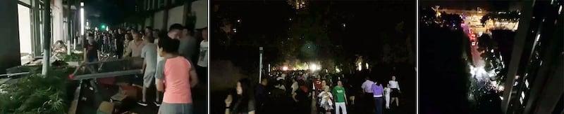 左中图:2021年5月12日黄昏至次日凌晨,大批业主聚集起来,在小区中与黑衣人展开搏斗。右图:2021年5月13日凌晨,业主将黑衣人全部驱逐,夺回五号门。(小区业主提供)