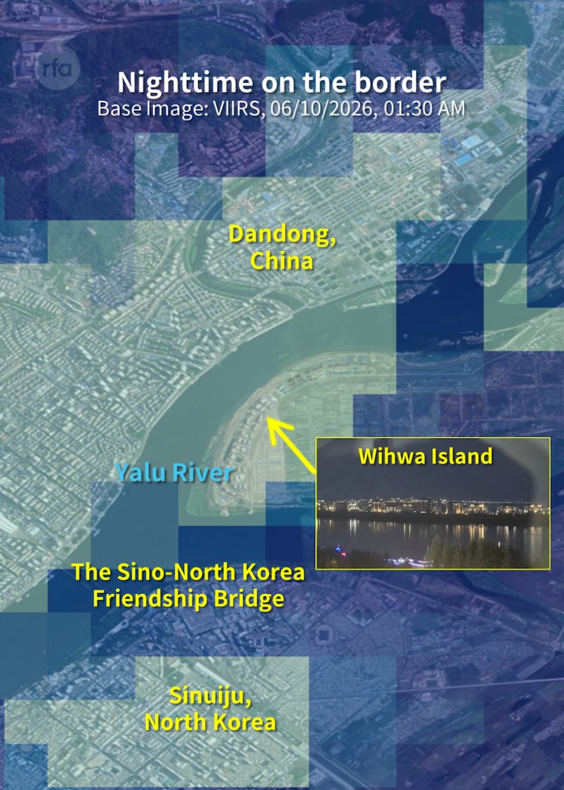 Nighttime satellite imagery (VIIRS Day/Night Band) captured at 1:30 a.m. on June 10 shows bright lights in Sinuiju, North Korea.