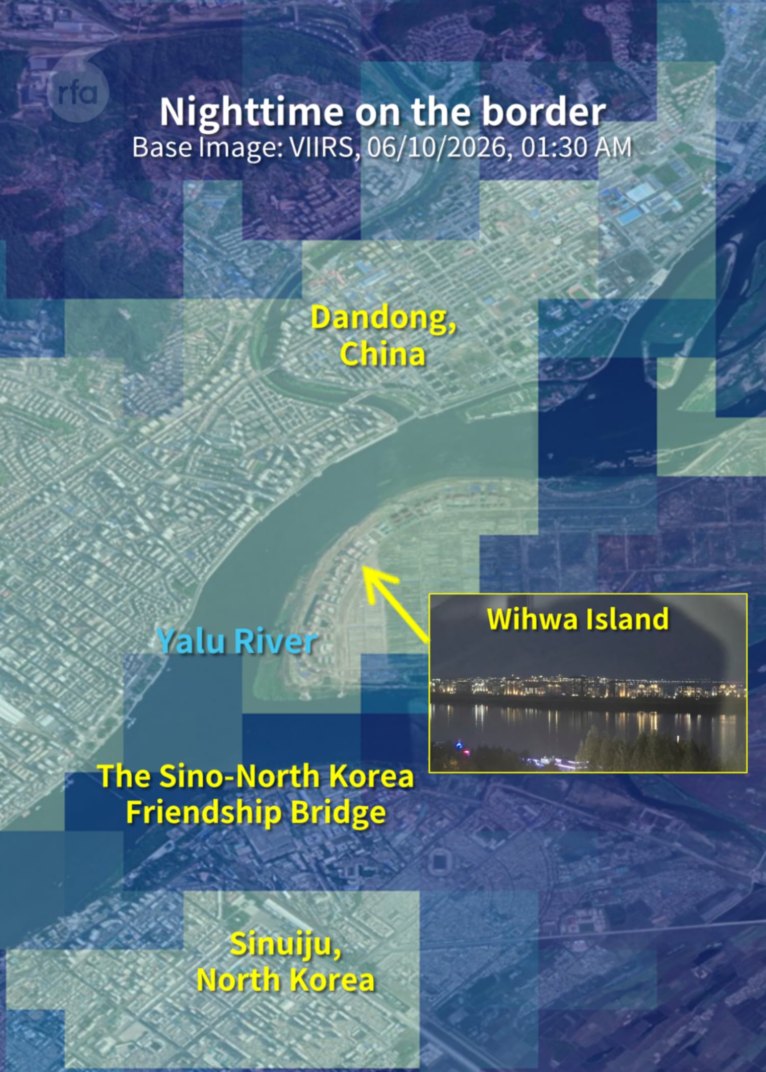 Nighttime satellite imagery captured at 1:30 a.m. on June 10 shows bright lights in Sinuiju, North Korea.