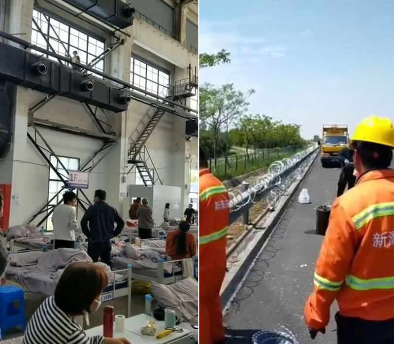 左图：上海某方舱医院（工厂车间）内，一女子不堪精神压力，爬上高处威胁跳下。 右图：高速公路两侧围上铁丝网，防止有人跳车逃避防疫措施。（视频截图）