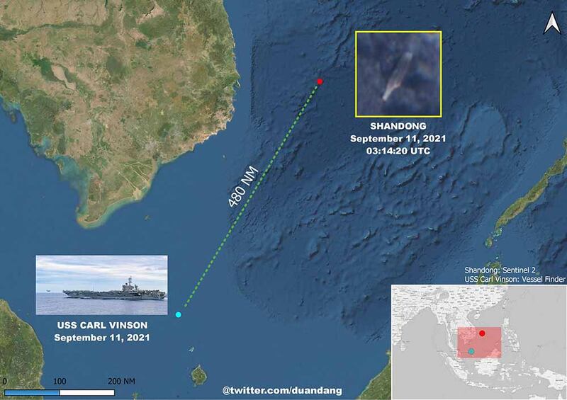 長期關注南海軍事動態的越南記者段當周二於推特發布出衛星照片,指中國解放軍航空母艦「山東號(CV-17)」為躲避颱風,沿越南海岸往南航行,在11日凌晨被衛星捕捉到距離美軍「卡爾文森號(CVN-70)」航空母艦約480海浬(888.96公里)。(段當推特圖片)