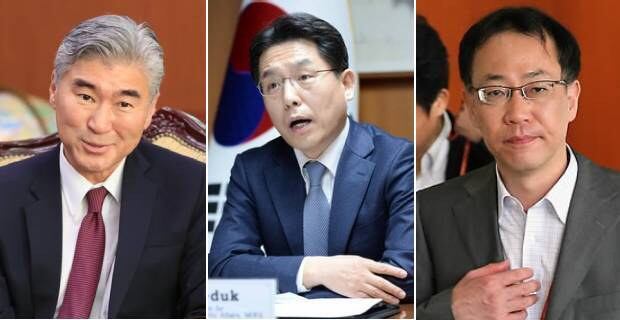 지난달 18일 한미일 3자 화상협의를 가진 성 김 미 국무부 동아시아태평양담당 차관보 대행과 노규덕 한국 외교부 한반도평화교섭본부장, 후나코시 다케히로 일본 외무성 아시아·대양주 국장 (왼쪽부터).