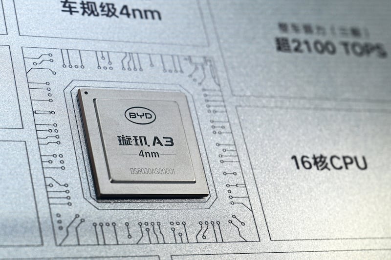 A Xuanji A3 chip is pictured at the BYD booth during the World Artificial Intelligence Conference in Shanghai on July 18, 2026.