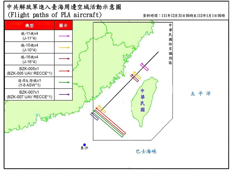 台灣軍方台海周邊空域活動示意圖顯示，4架殲10和4架殲16戰機迫近台灣北部24浬。（台灣國防部提供）