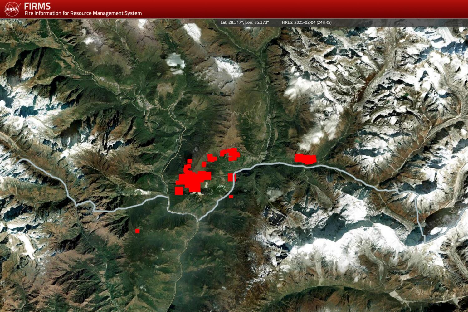 The location, red marks, show active forest fires about 7.4 km Southeast of Tibet's Kyirong Community, Feb. 4, 2025.