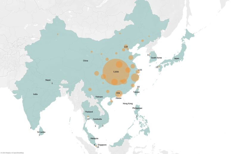 A map showing the latest confirmed cases of the novel coronavirus (nCoV) in Asia.