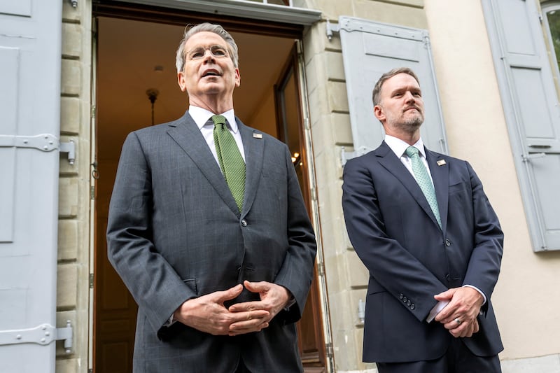 U.S. Secretary of the Treasury Scott Bessent and U.S. Trade Representative Jamieson Greer address the media after trade talks with China in Geneva, Switzerland, May 11, 2025. Keystone/EDA/Martial Trezzini/Handout via REUTERS    THIS IMAGE HAS BEEN SUPPLIED BY A THIRD PARTY.