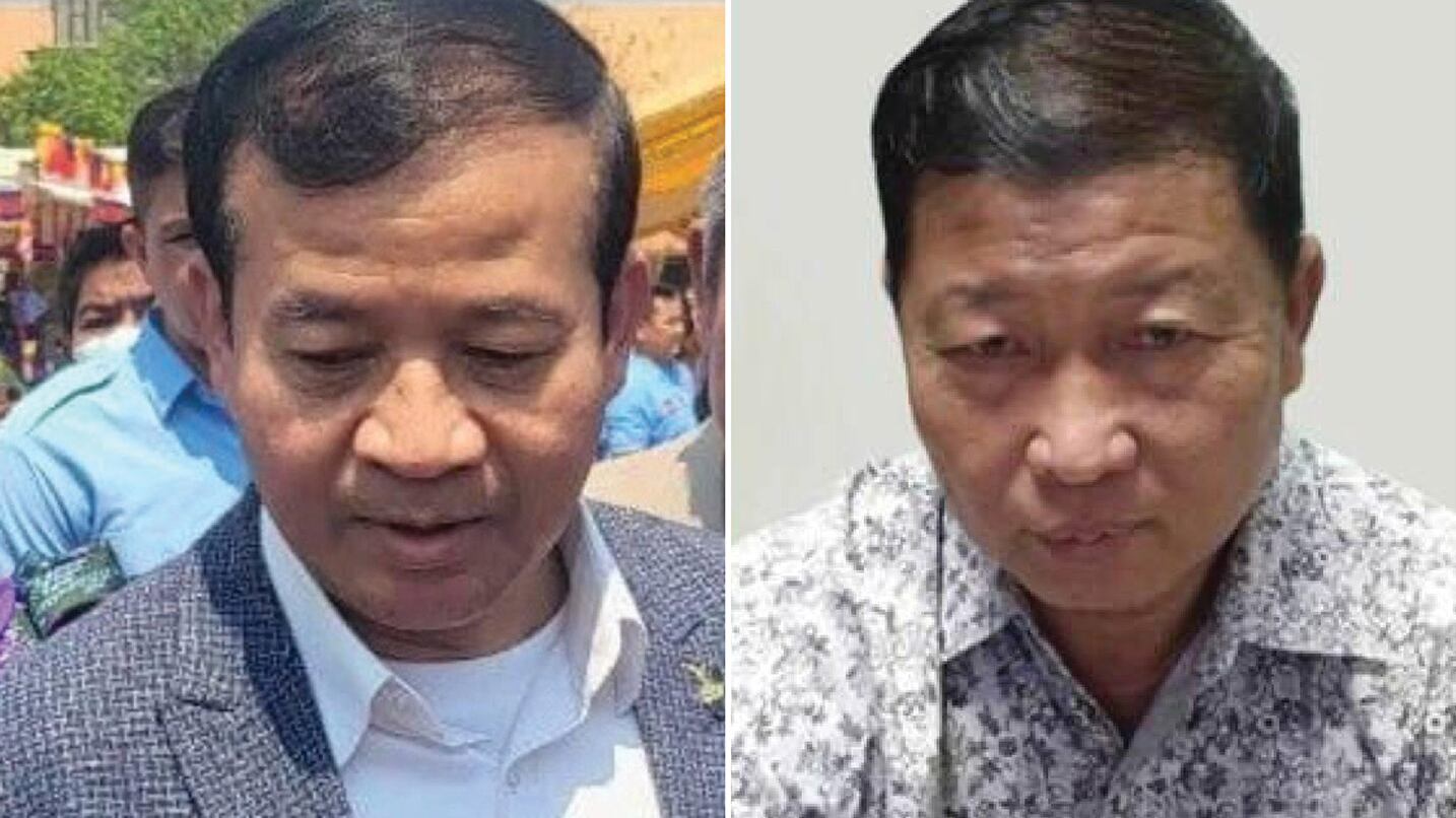 Muong Khim, left, a former high-ranking police officer and Oknha Uth Thy were among those arrested.