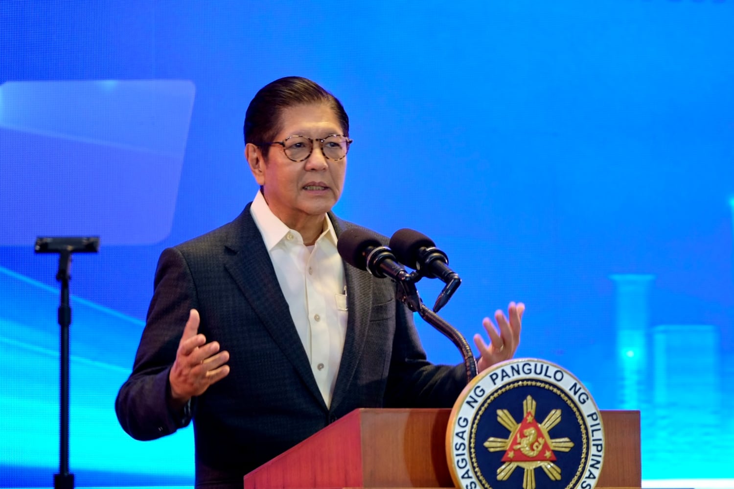 Philippines President Ferdinand Marcos Jr. addresses the Foreign Correspondents Association of the Philippines in Manila,  Aug. 14, 2026.