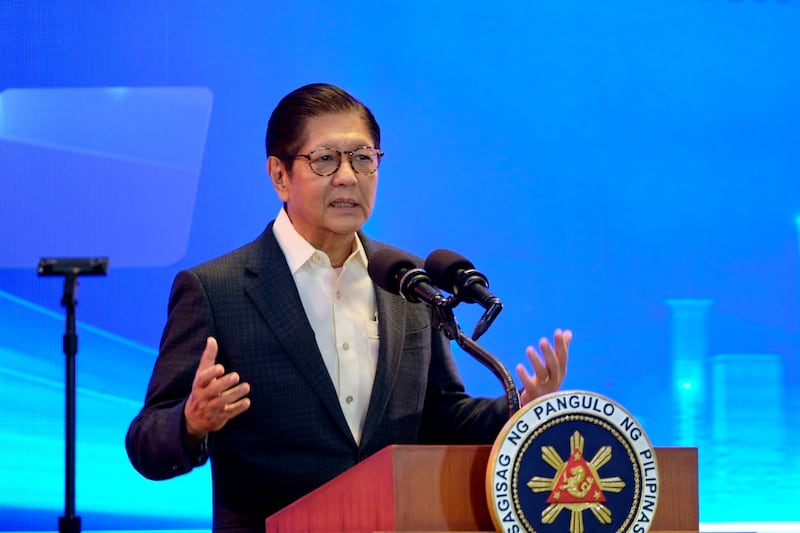 Philippines President Ferdinand Marcos Jr. addresses the Foreign Correspondents Association of the Philippines in Manila, Aug. 14, 2026.