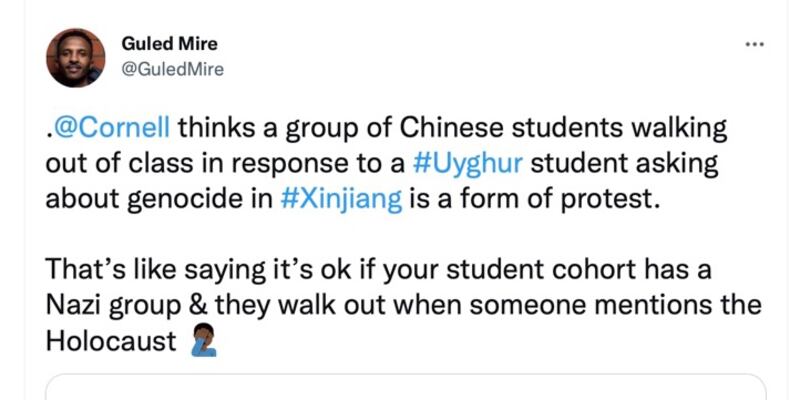 參加康奈爾大學富布賴特項目的新西學者邁爾（Guled Mire）在推特上表達對校方處理方式的不滿。（邁爾推特截圖）