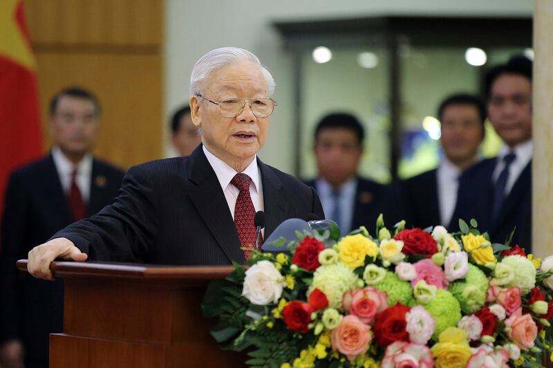 2023年9月10日，越南共产党总书记阮富仲在位于河内的越共中央委员会总部会见美国总统拜登后向媒体发表讲话。(Luong Thai Linh/Pool Photo via AP)