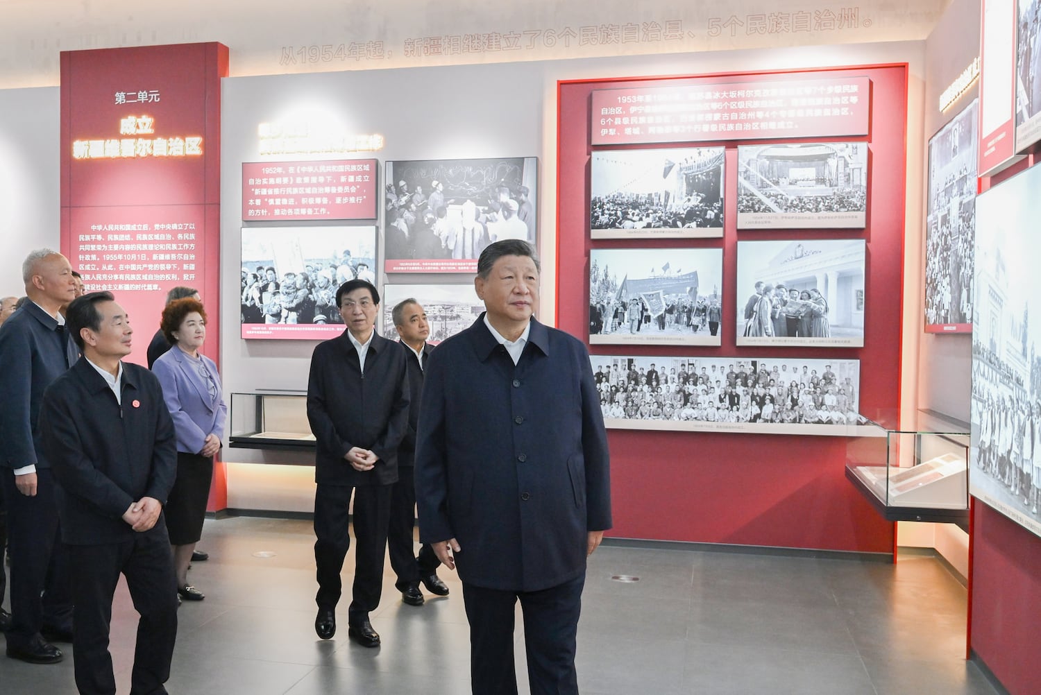 In this Chinese government image that could not be independently verified, President Xi Jinping, visits an exhibition marking the 70th founding anniversary of the Xinjiang Uyghur Autonomous Region at a cultural center in Urumqi, Sept. 24, 2025. (Xie Huanchi/Xinhua via Getty Images)