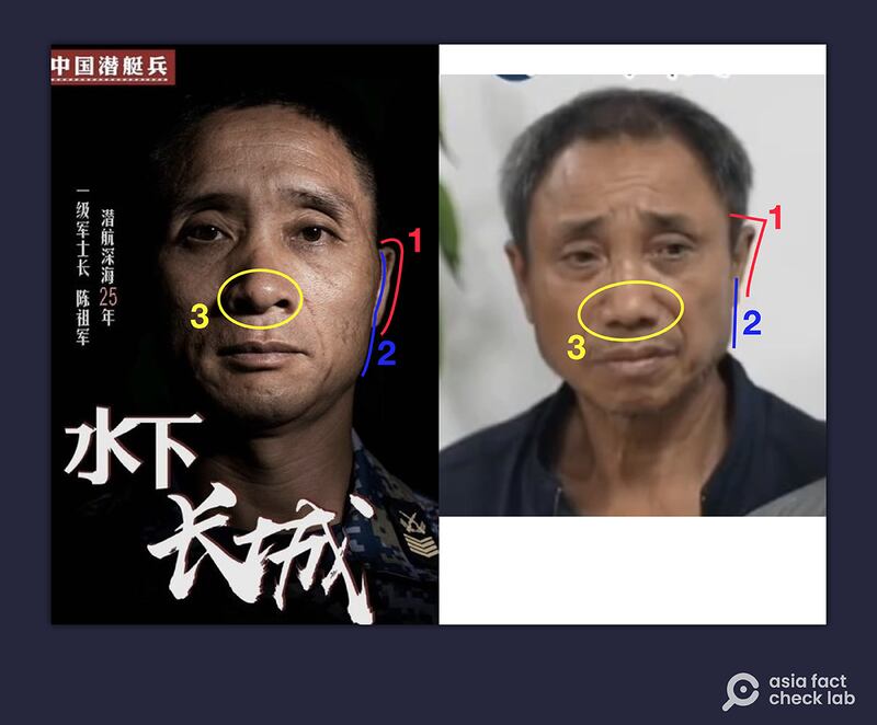 前边境官员指出,照片上的两人的面部特征有多处不同。(亚洲事实查核实验室制图)