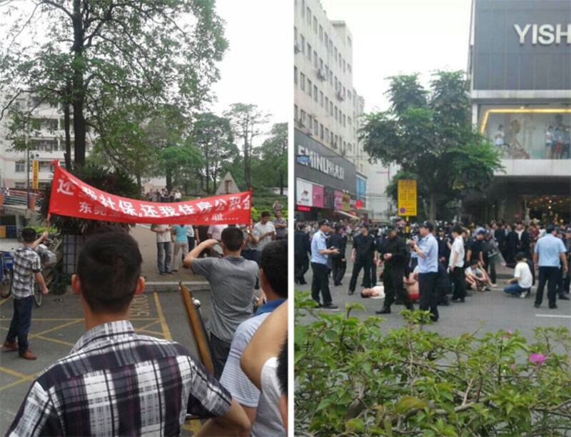 4月15日，廣東東莞市逾萬名“裕元鞋廠”的員工，遊行至高埗鎮政府遊行期間有部份工人在馬路上靜坐，警察立即上前驅趕。（工人攝）