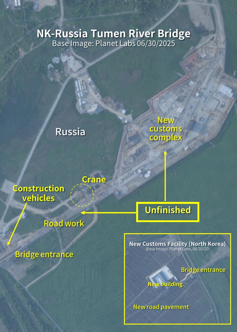 Construction of a new customs complex and road in Russia is not yet finished. The bridge had reportedly been expected to open on June 19, but the official opening will likely be delayed further.