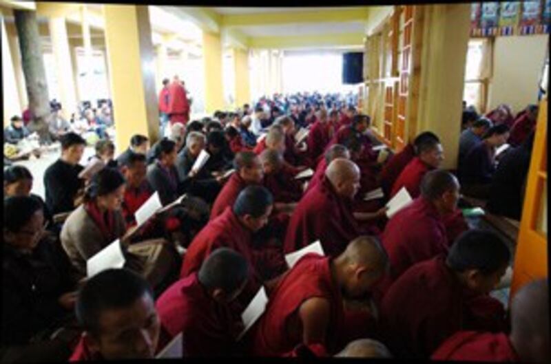 图片：数百僧尼参加法会为自焚同胞祈福。（记者丹珍拍摄）