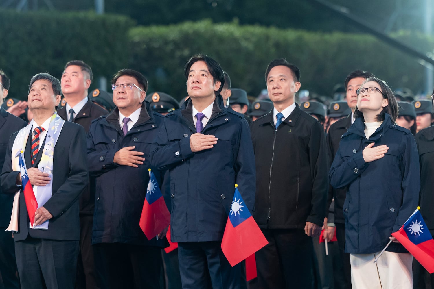 Taiwan's President Lai Ching-te waves with the Taiwanese flag during a ceremony in Taipei, Taiwan, on Jan. 1, 2025.