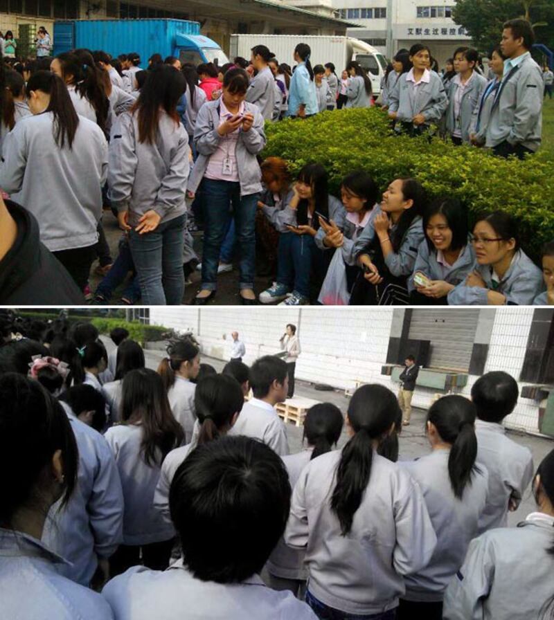 11月21日,深圳艾默生公司向全體員工宣布遷廠珠海。全廠一線工人不滿資方補償決定集體罷工。資方與員工於操場作講解,要求工人復工。(工人攝)
