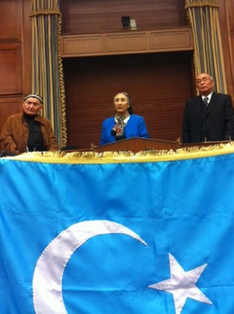 Rebiya Kadeer (C) speaks at a commemoration of the anniversary of the East Turkestan Republics in Washington, Nov. 12, 2013. Credit: RFA