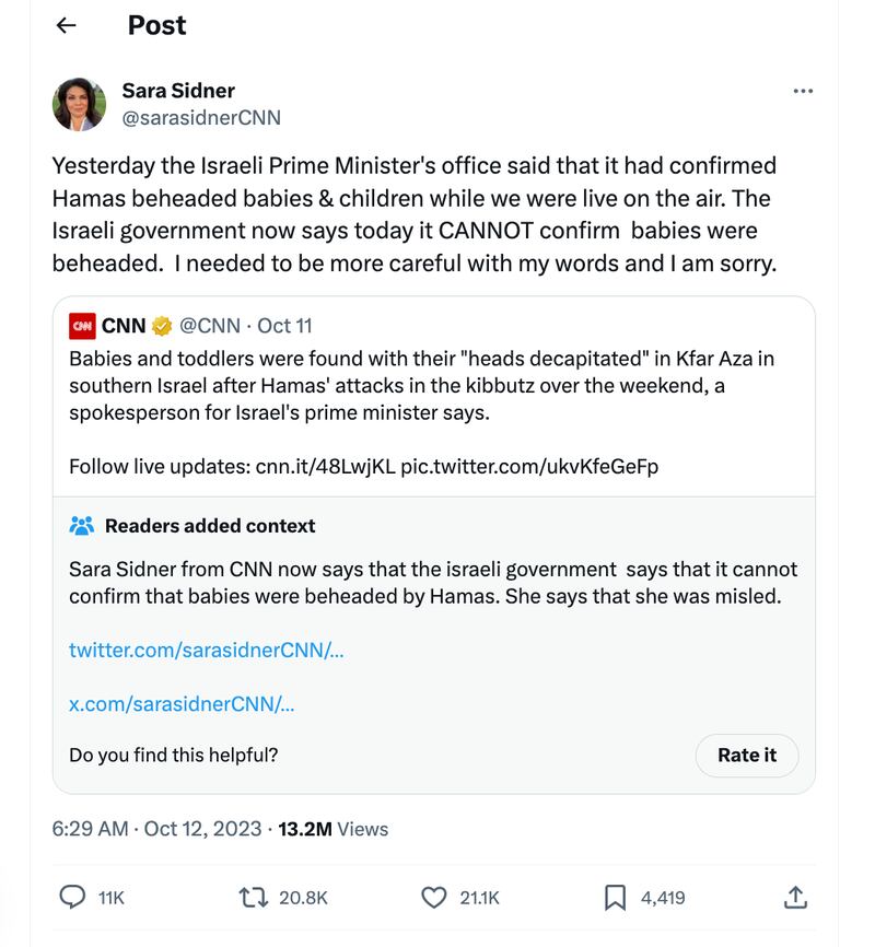 CNN记者西德尼在X上表示道歉,前一天报道中称婴儿被斩首的说法并没有根据。(西德尼X帐号截图)