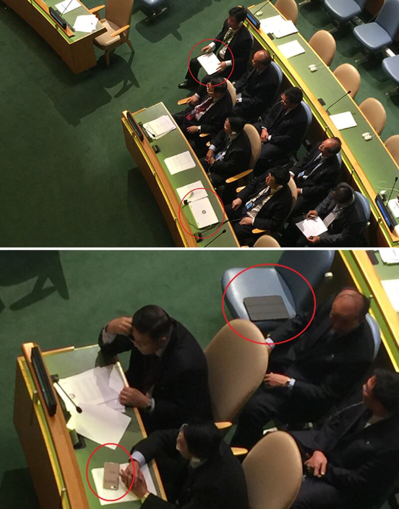유엔 주재 북한대표부 외교관들이 미국 전자제품인 애플사의 아이폰과 아이패드, 휴렛팩커드(HP)사의 노트북을 사용하고 있다.