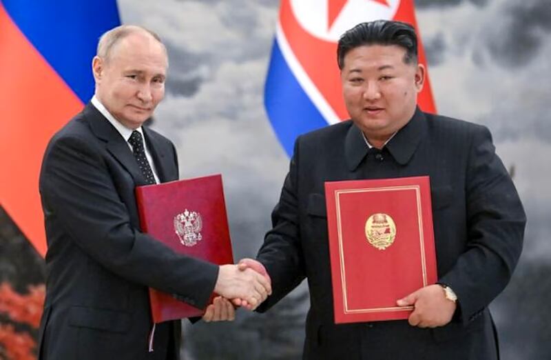 Russian President Vladimir Putin and North Korean leader Kim Jong Un after signing the "Comprehensive Strategic Partnership Agreement" at the Kumsusan State Guest House in Pyongyang in June 2024.