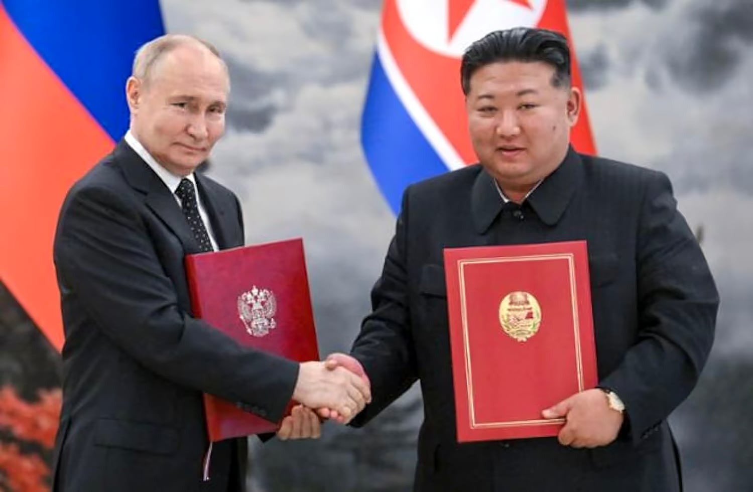 Russian President Vladimir Putin and North Korean Workers' Party General Secretary Kim Jong-un after signing the 'Comprehensive Strategic Partnership Agreement' at the Kumsusan State Guest House in Pyongyang in June 2024.