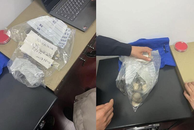左图：4月28日，杜文岳父王拴柱突然离世，而唯一遗物则是仍被公安扣留、其中三十枚怀疑被“调包”的民国时期银元。 右图：杜文岳父王拴柱生前101枚银元被公安以查案为由，扣押十余年。杜文夫妇发出公开信后，4月29日获当局归还。（记者乾朗提供）