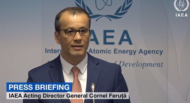 9일 오스트리아 빈에서 열린 국제원자력기구(IAEA) 이사회 후 기자회견을 하는 코르넬 페루타(Cornel Feruta) 사무총장 대행.
