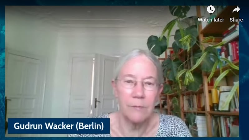 德国智库"国际与安全事务研究所" (Stiftung Wissenschaft und Politik) 亚洲研究部高级研究员古德伦·瓦克 (Gudrun Wacker)在研讨会上指出,中国一直在通过经济措施胁迫欧洲国家,从而影响其对华政策。(视频截图/卡耐基和平基金会官网)