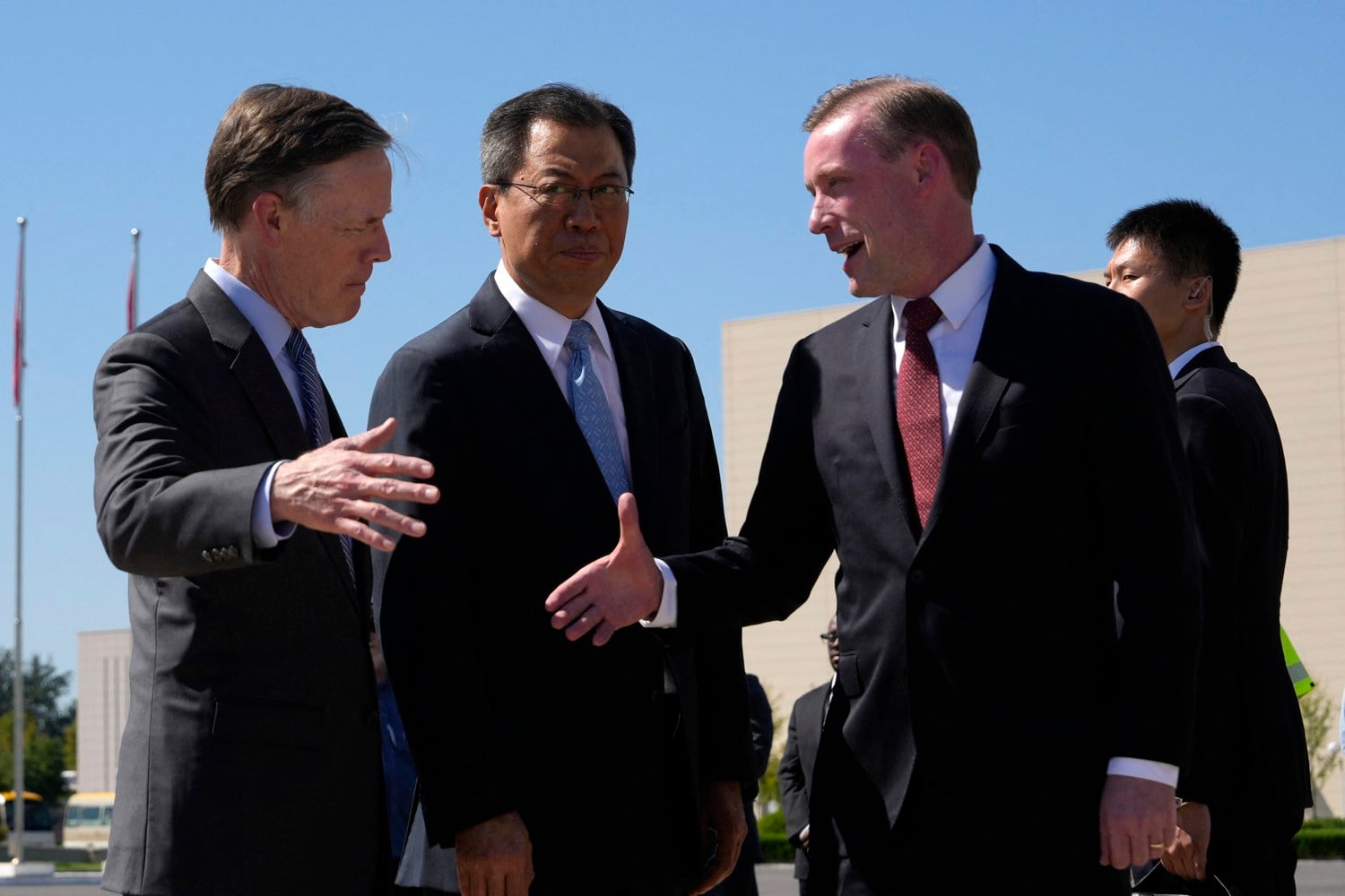 US National Security Adviser Jake Sullivan is welcomed by Director General of the Department of North American and Oceanian Affairs of the Foreign Ministry Yang Tao (C) and US Ambassador to China Nicholas Burns (L) upon arriving at the Beijing Capital International Airport in Beijing on Aug. 27, 2024. (Ng Han Guan/POOL/AFP)