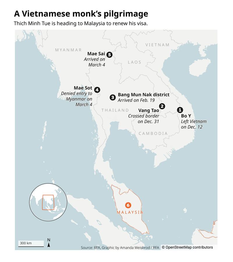 Map of Thich Minh Tue's journey