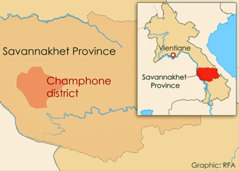 The map shows Champhone district in Savannakhet province in southern Laos.