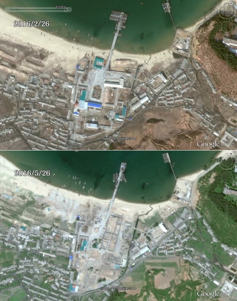 조선인민군 제549군 부대 산하 15호 수산사업소. 이곳도 김정은 노동당 위원장이 지난해 11월에 방문한 이후 기존의 사업소 건물을 헐고(사진 위, 2016년 2월 촬영), 새 건물을 짓는 등 현대화 작업에 나섰다. (사진 아래, 2016년 5월 촬영). 이 밖에도 북한 정권은 여러 수산사업소 건물을 새로 지으며 생산량 증대를 독려하고 있다. 사진-구글 어스 캡쳐/커티스 멜빈 제공