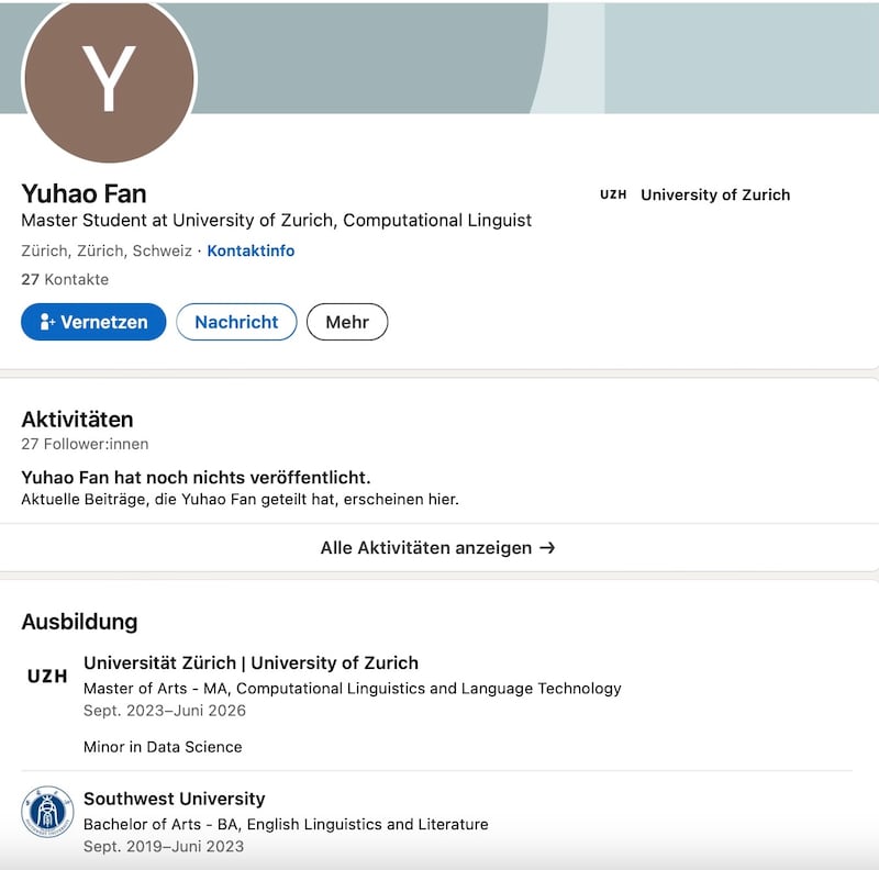 疑似瑞士襲擊幼童案疑犯范宇豪在LinkedIn上的履歷顯示,他曾在中國重慶的西南大學就讀。(LinkedIn截圖)