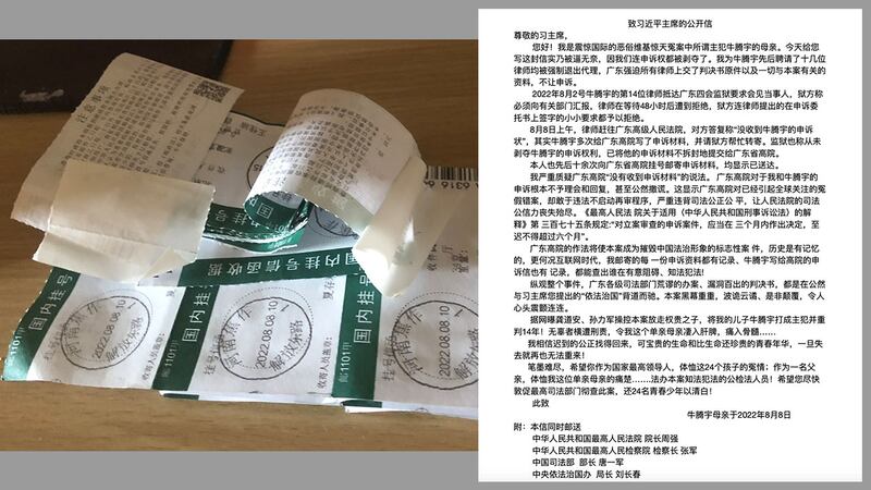 因廣東省高院推諉不啟動申訴程序的責任，牛騰宇母親於8月8日再致信習近平，要求他為「惡俗維基」案24名年輕人申冤。（牛騰宇母親提供）