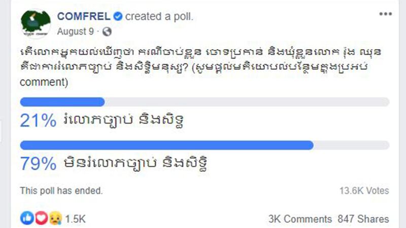 ការស្ទង់មតិរបស់អង្គការ ខុមហ្វ្រែល (Comfrel) លើ​ករណី​ចាប់​ខ្លួន​លោក រ៉ុង ឈុន។