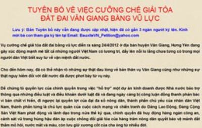 Bản tuyên bố về việc cưỡng chế giải tỏa đất đai Văn Giang bằng vũ lực đa có tính đến hôm nay(05/11/12) đã có trên 3000 chữ ký