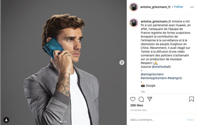 基沙文的法國粉絲後援團在社交媒體上發布基沙文為維吾爾人權終止與華為合作，及早前就警員毆打音樂人發聲的消息，表示致敬偶像。（基沙文法國後援團Instagram圖片）