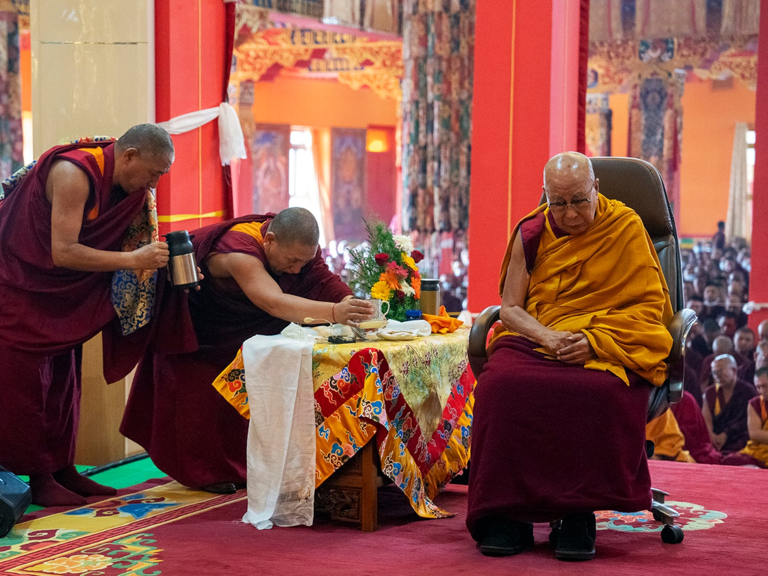 The Dalai Lama, right, leads prayers at a monastery in Bylakuppe, India, Jan. 9, 2025, in solidarity with those affected by the earthquake that hit the Tibet Autonomous Region in western China.
