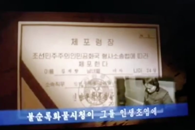 Footage of a North Korean educational propaganda video shows an “arrest warrant” for Kim Kye Hyang, a military doctor who watched illegal foreign media.